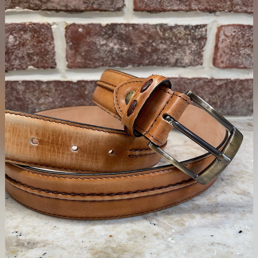 Calzoleria Toscana Stitched Leather Dress Belt. Caramel Tan Color Made in Italy
